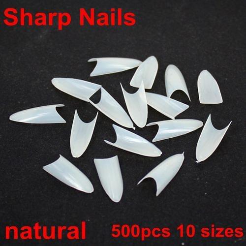 500pcs 10 Sizes Sharp Ending Stiletto French Sharp Nails Acrylic False Nail Tips Natural Beauty Hot Selling Diy Diamante
