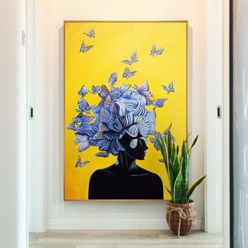 Abstract Girl with Butterfly Nordic Canvas Painting Yellow Blue Poster and Print Wall Art for Living Room Home Decor (No Frame)