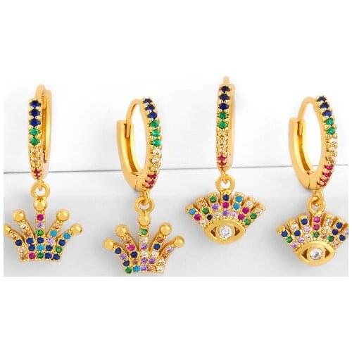 Crownmulticolor Brass micro pave cz zircon cubic zirconia drop Hoop Earrings copper gold plated crystal studs uij34