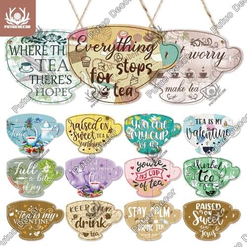 Putuo Decor Tea Sign Coffee Cup Shaped Plaque Rustic Wooden Plate Hanging Sign for Cafe Decoration Kitchen Coffee Mug Wall Decor