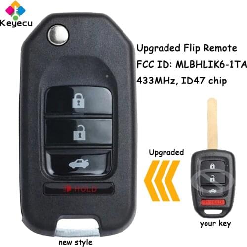 KEYECU Upgraded Flip Remote Car Key Fob 3+1 4 Buttons 433MHz ID47 Chip for Honda Civic Accord CRV CR-V 2016 - 2021 MLBHLIK6-1TA