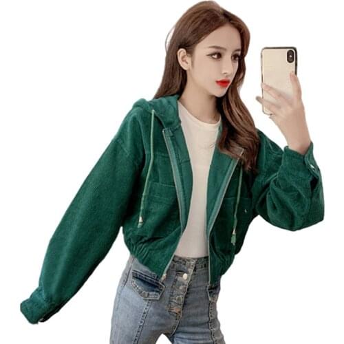 2020 New Women Spring Autumn Jacket Short Casual Slim Corduroy Coat Jackets Female Zipper Hooded Coats Streetwear yellow green