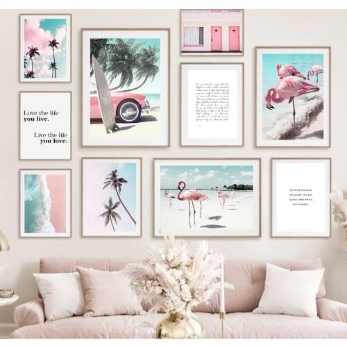 Sea Beach Flamingo Car Coconut Tree Door Wall Art Canvas Painting Nordic Posters And Prints Wall Pictures For Living Room Decor