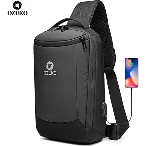 OZUKO New Mens USB Charging Chest Bag Water Repellent Crossbody Bag Male Large Capacity Shoulder Bag Short Trip Messengers Bags