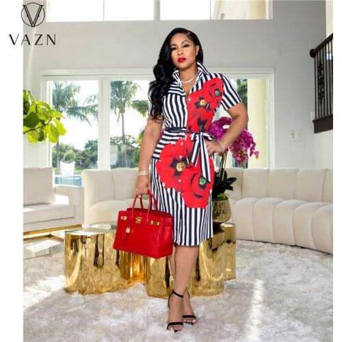 VAZN 2021 Hot Popular Striped With Floral Vintage Dress Casual Young Chiffon Slim Young Women Maxi Dress