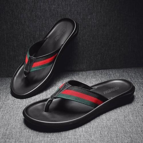 Topvivi summer luxury brand men flip flops slippers men designer green red striped beach slippers soft flip flop for men leather