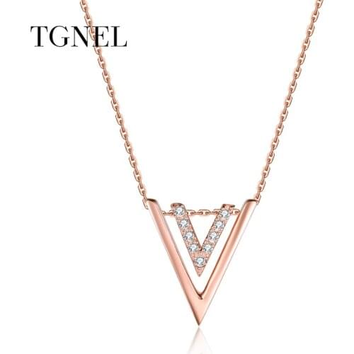 TGNEL S925 Sterling Silver Necklace Pendants Rose Gold Color Fine Jewelry Triangl CZ Jewelry for Women 925 Silver for Engagement