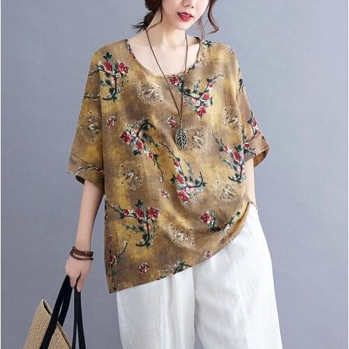 100% Cotton Thin Soft Women Tops Loose Summer T Shirts Print Floral Vintage T-shirt Oversized All-match Woman Tshirt Tees Shirts