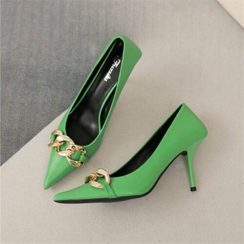 Pop Fashion Pointed Toe Thin High Heels Shoes Women Elegant Pumps For Party Dress Shoe Metal Chain Decoration Zapatillas Mujer