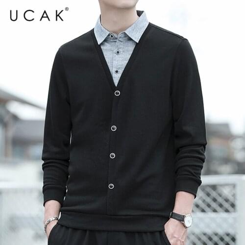 UCAK Brand Mens Turn-down Collar Fake Two Sweaters Clothing NEW Autumn Arrival Classic Streetwear Pullover Homme Clothes U1002