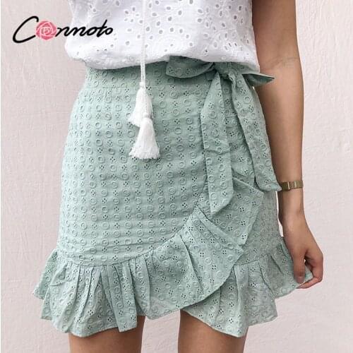 Conmoto Elegant Cotton Mini A-line Skirt Solid Ruffled Lace Office Lady Skirt Light Green High Waist Asymmetric Short Skirt New