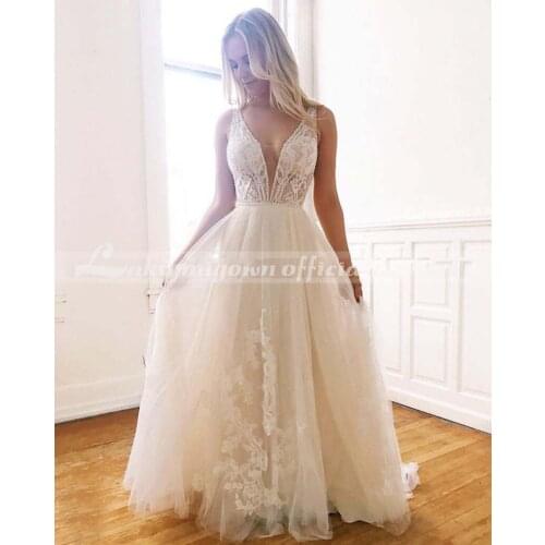 Boho Bride Dress Light Champagne Backless Wedding Dress With Beading Svatební Saty Summer Beach Bridal Gowns