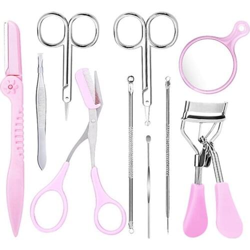 10PCS/1Set Eyebrow Grooming Set Portable Assorted Eyelash Curler Earpick Acne Blackhead Needle Eyebrow Grooming for Women Girl