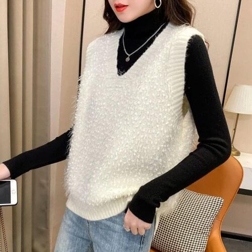 2021 autumn and winter fashion new V-neck vest women Korean version of loose pullover sleeveless solid color knitted top casual