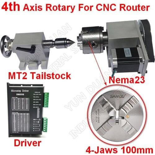 4 Axis Rotation A Axis Extend Rotary 4 Jaw 100mm Chuck&driver & Nema23 Motor &Tailstock for Wood Metal Plastic Milling Router