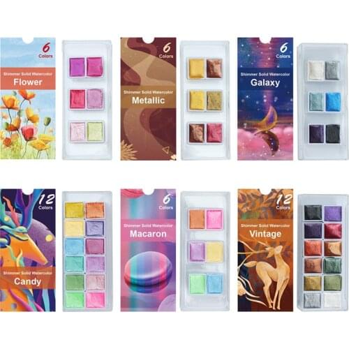 6/12 colors watercolor paint solid set candy color bright flashing metallic color macaron color portable painting art supplies