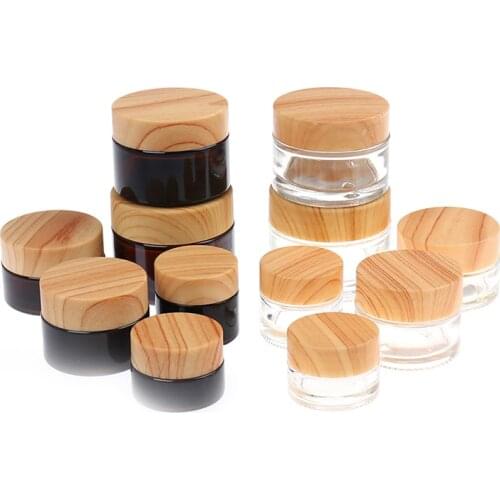 Frosted Glass Jar Skin Care Eye Cream Jars Pot Refillable Bottle Cosmetic Container With Wood Grain Lid 5g 10g 15g 20g 30g 50g