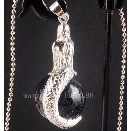 Free Shipping Beautiful jewelry Art Blue Golstone sea-maid Ball Round Women Men Pendant Necklace With chain PC3876