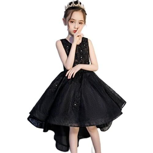2021 Childrens Dress Skirt Catwalk Girl Piano Performance Western Fluffy Black Host Evening Dress Summer
