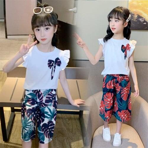 2021 Kids Girls Clothes Sets short Sleeve T-shirts + Wide Leg Pants summer Childrens Clothing Teenage for 7 8 10 12 Years