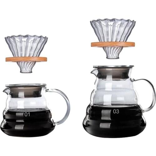 HOT SALE Wooden Brackets Glass Coffee Dripper and Pot Set Japanese Style V60 Glass Coffee Filter Reusable Coffee Filters