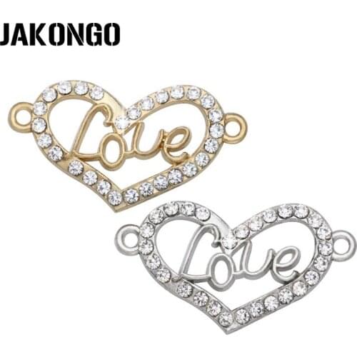 JAKONGO Silver Plated Crystal Love Heart Connectors for Jewelry Making Bracelet Findings Accessories DIY Craft 29x16mm