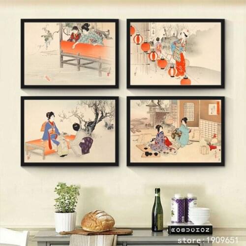 No frame classical Japanese architectur kimono woman canvas printings oil painting printed on cotton wall decoration picture