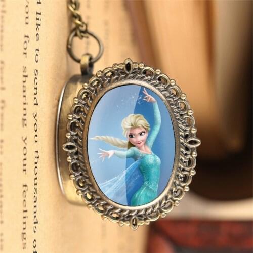 Classic Cartoon Queen Elsa Quartz Pocket Watch Exquisite Bronze Necklace Pendant Clock 80cm Fob Chain Best Birthday Gifts Girls