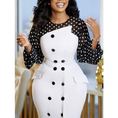 Classy Women Bodycon Dress Elegant Long Sleeve Polka Dot Patchwork White Dresses Office Lady 2021 Spring Summer Vestidos Robes