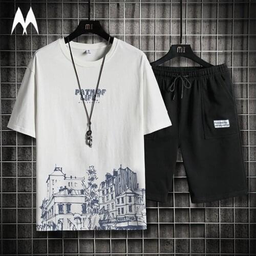 Trendy Printed Short Set Men 2021 Summer New Fashion Harajuku Short Sleeve Shorts 2 Piece Sets Casual Mens Clothing Tracksuit