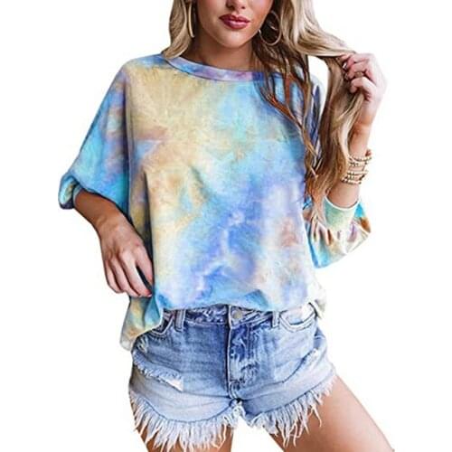 Summer Tie-dye Three Quarter Sleeve Casual T-shirt Loose Print Mid Length Women Pleated Aesthetic Clothes Oversized T Shirt