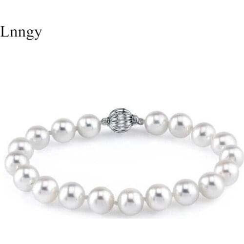 Lnngy 925 Sterling Silver Chain Bracelet Natural Freshwater Pearl Charm Link Bracelet Women Party Wedding Bangles Jewelry gifts