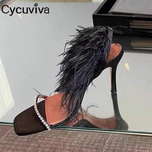 2021 Black Fur Mules High Heel Gladiator Sandals Women Summer Slides Crystal Brand Shoes Women Slingback Feather Sandalias Mujer