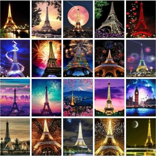 AZQSD Picture By Numbers Tower Night City Acrylic Painting By Numbers Landscape Wall Art Modern Home Decor Gift Art Crafts