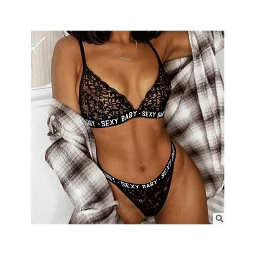 New Women Ladies Sexy Lingerie Lace See Through Hollow Design Letter Print Elastic Band Bra High Waist Thong Lingerie Set