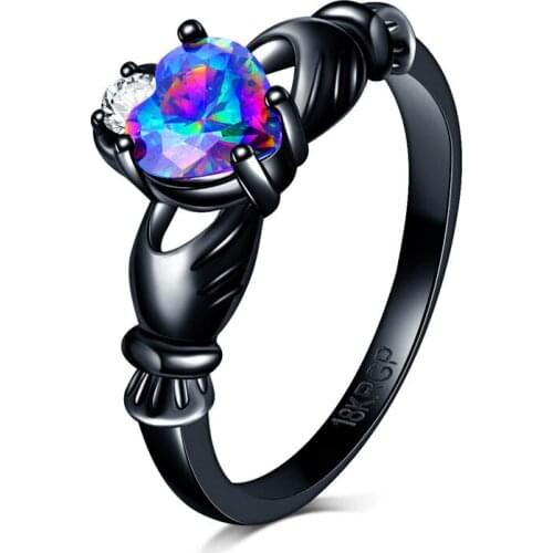 Charming Heart Shape Fire Opal Rings For Women Wedding Band Vintage Black Gold Filled White AAA Zircon Ring