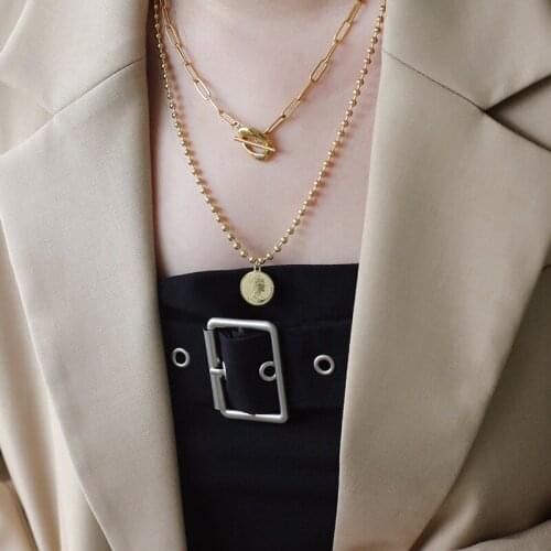 Amaiyllis 18K Gold Double Chain Necklace OT Buckle Queen Beads Chain Necklace For Women Long Collar Jewelry