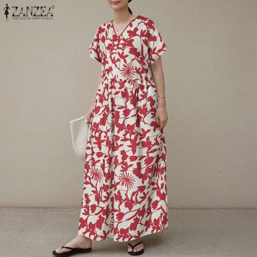 Vintage Printed Maxi Dress Womens Summer Sundress ZANZEA 2021 Casual Short Sleeve Maxi Vestidos Female V Neck Robe