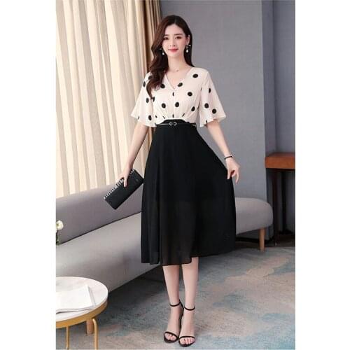 Mid-length Vestidos summer new chiffon fake two pieces splice to receive waist temperament bat sleeve V-neck fashion dress D296