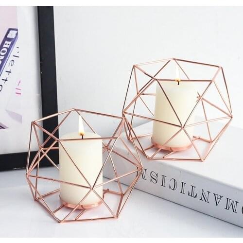 4 PCS Rose Gold Metal 3D Geometric Iron Wire Candle Holder Tea Light Candlestick Lantern for Wedding Holidays Ornaments