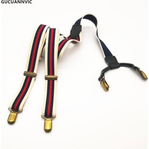 Personality fashion stitching blue and striped combination suspenders women men 4 clips retro free adjustable length braces