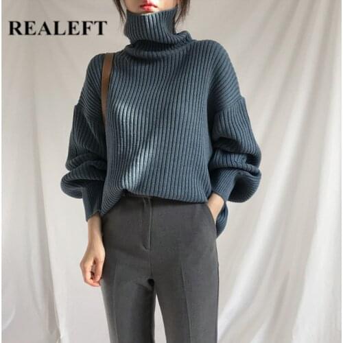 REALEFT Womens Pullover Sweaters Autumn Winter Warm Fashion Solid Turtleneck Thicken Long Sleeve Loose Tops 2019 New Red