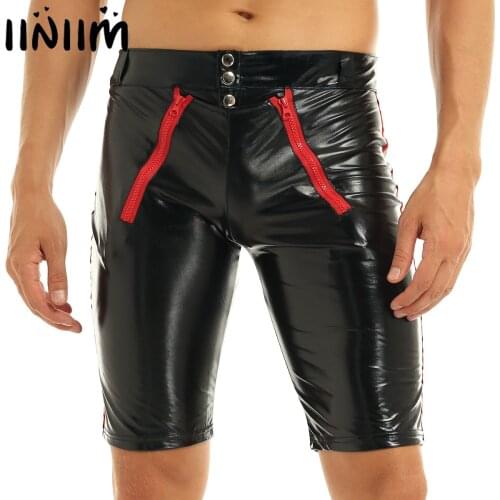 Iiniim Sexy Men Patent Leather Wetlook Moto Sexy Boxer Shorts Lingerie Opened with Zipper Night Parties Clubwear Shorts