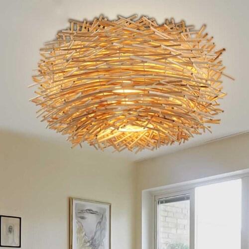 Vintage Art Creative Country Rattan Bird Nest LED Ceiling Light Coffee Dinning Living Room Modern Home Decor Lighting Fixutre