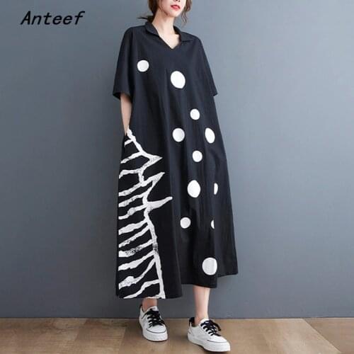 Short sleeve black cotton linen vintage Polka Dot dresses for women casual loose long woman summer dress elegant clothes 2021