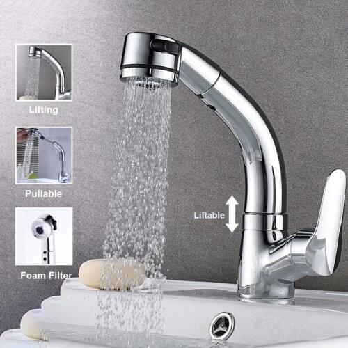 Pull Out Bathroom Basin Sink Faucet Single Handle Hot and Cold Water Mixer Chrome Finished 360 Degree Water Mixer Tap