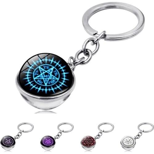 WG 1pc Five-pointed Star Magic Array Time Gem stone Cabochon Keyring Pendant Glass Ball Metal Keychain Keyring Ornament
