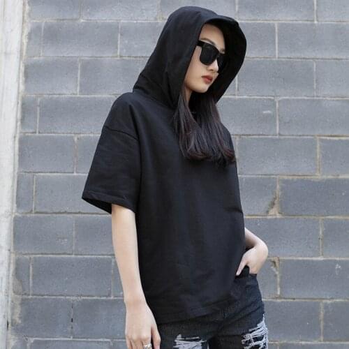 Womens summer new yamamoto style dark hoodie loose summer half sleeve short sleeve all-match T-shirt large size trend