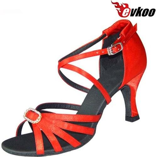 Evkoodance Black Red Tan Khaki Woman Salsa Shoes 7cm Heel High Satin With Crystal Buckle Latin Dance Shoes Evkoo-151