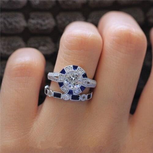 Handmade Lovers ring sets 925 Sterling silver Blue AAA cz Promise Wedding Band Rings for women Bridal Vintage Party Jewelry